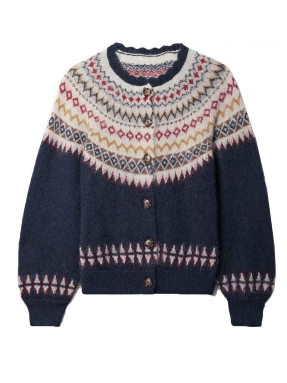 Doen Harvest Mohair Wool Cashmere Knit Print Cardigan Top Navy Oslo Fair Isle L